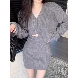 Commense  Gray Ribbed set Knit V-Neck Button-Up Cardigan‎  Sweater Mini Skirt M
